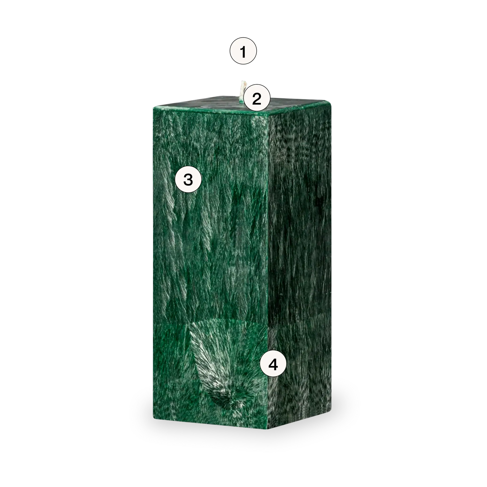 Green marble column with numbered labels on a white background