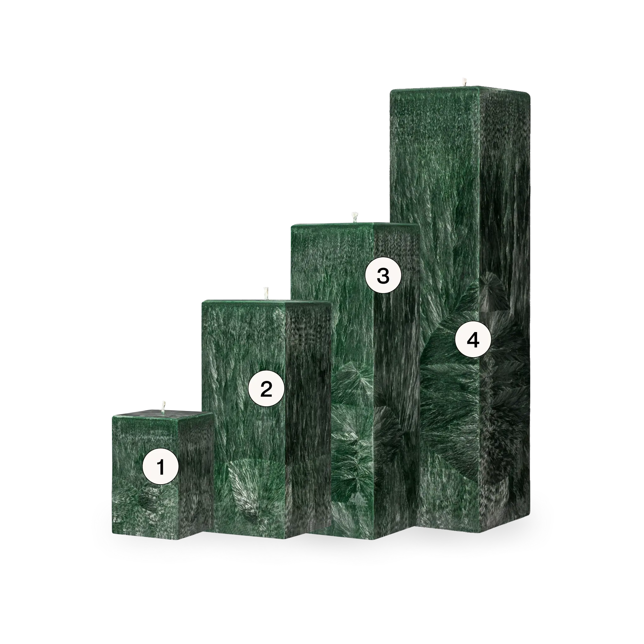 Set of four green marble-like square candles with numbers on a white background