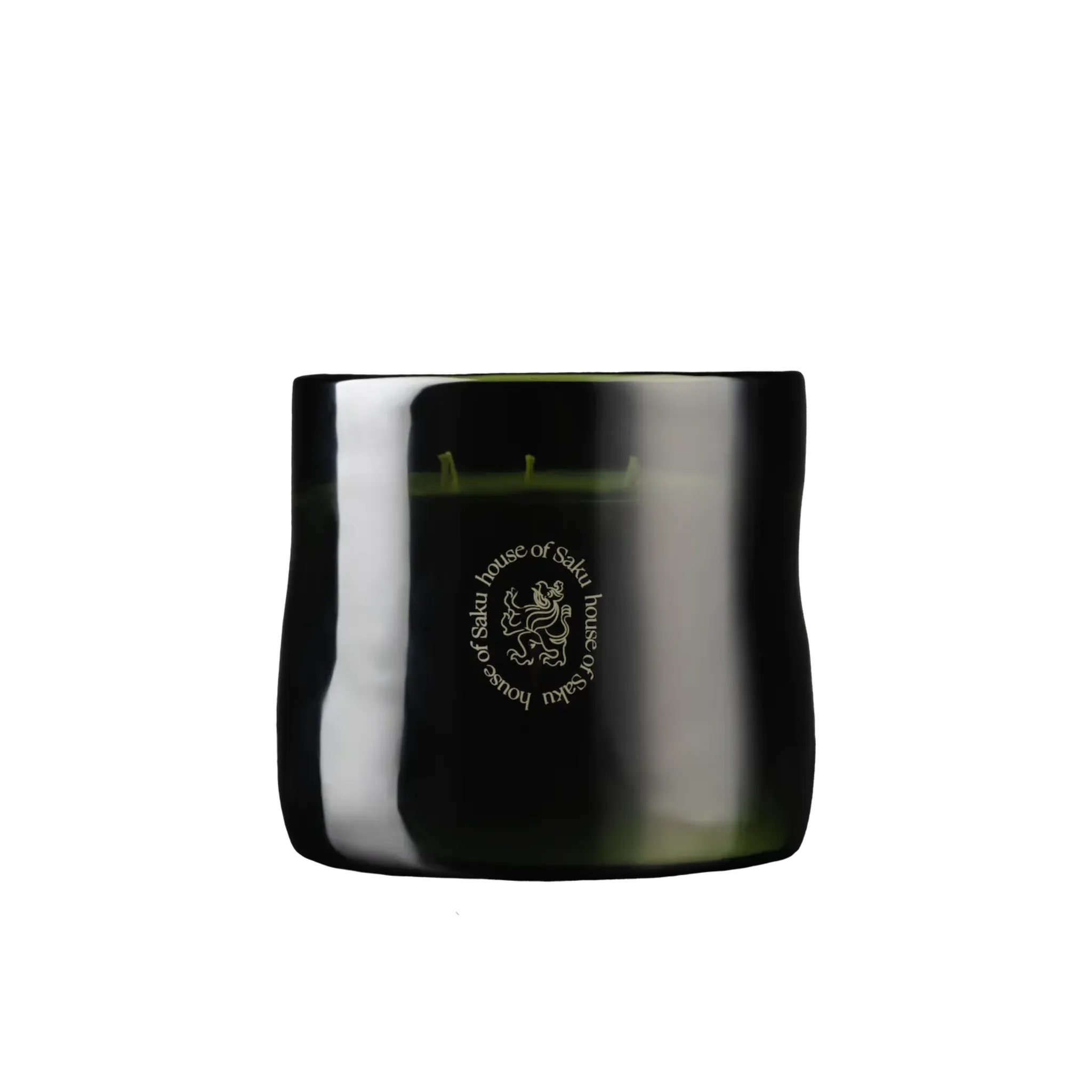 Black candle with a House of Saku logo on a white background