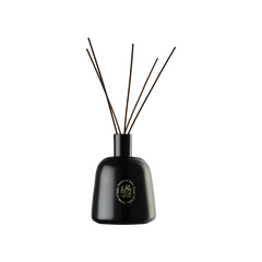 Black diffuser bottle with sticks on a white background