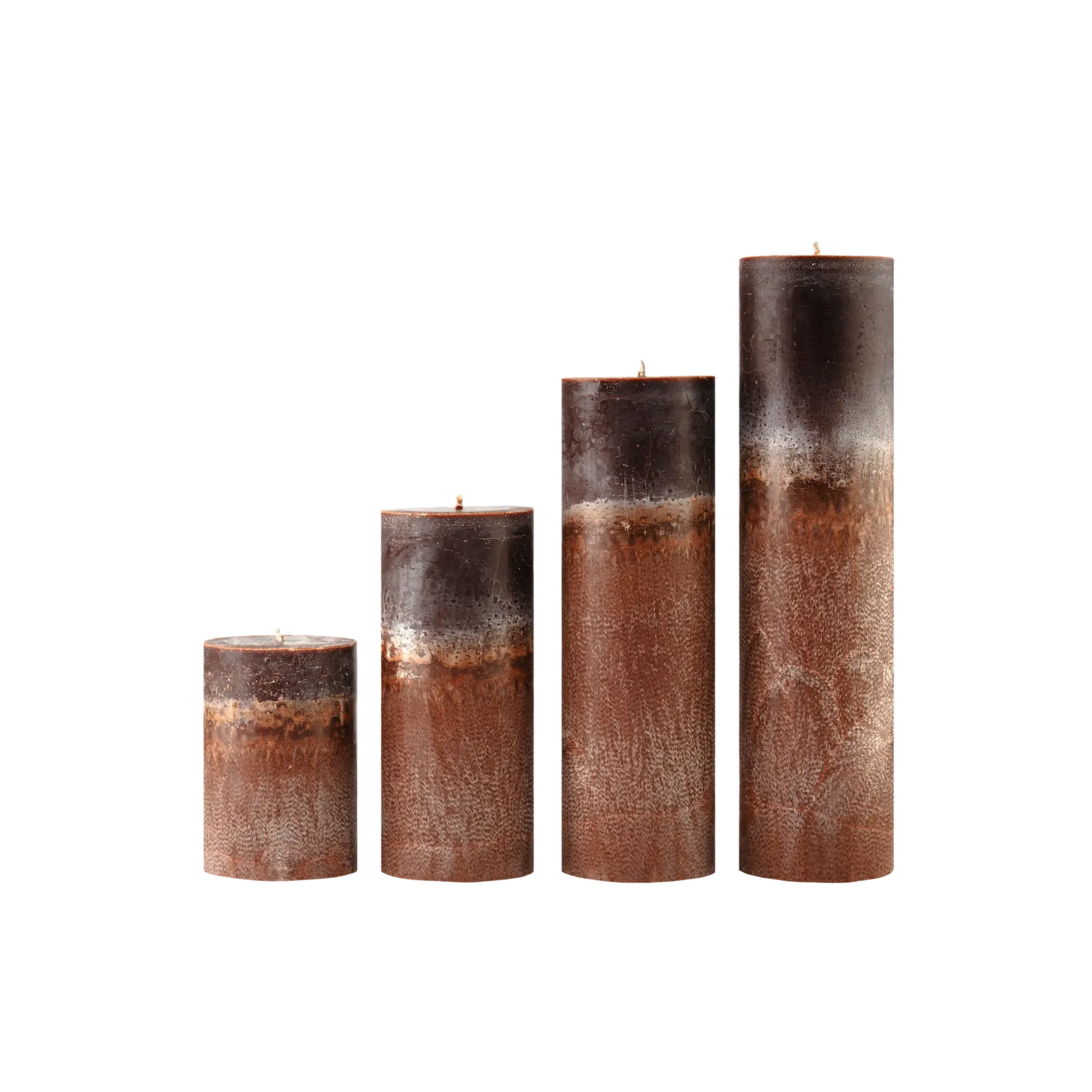 Set of four brown cylindrical candles with textured surface on a white background