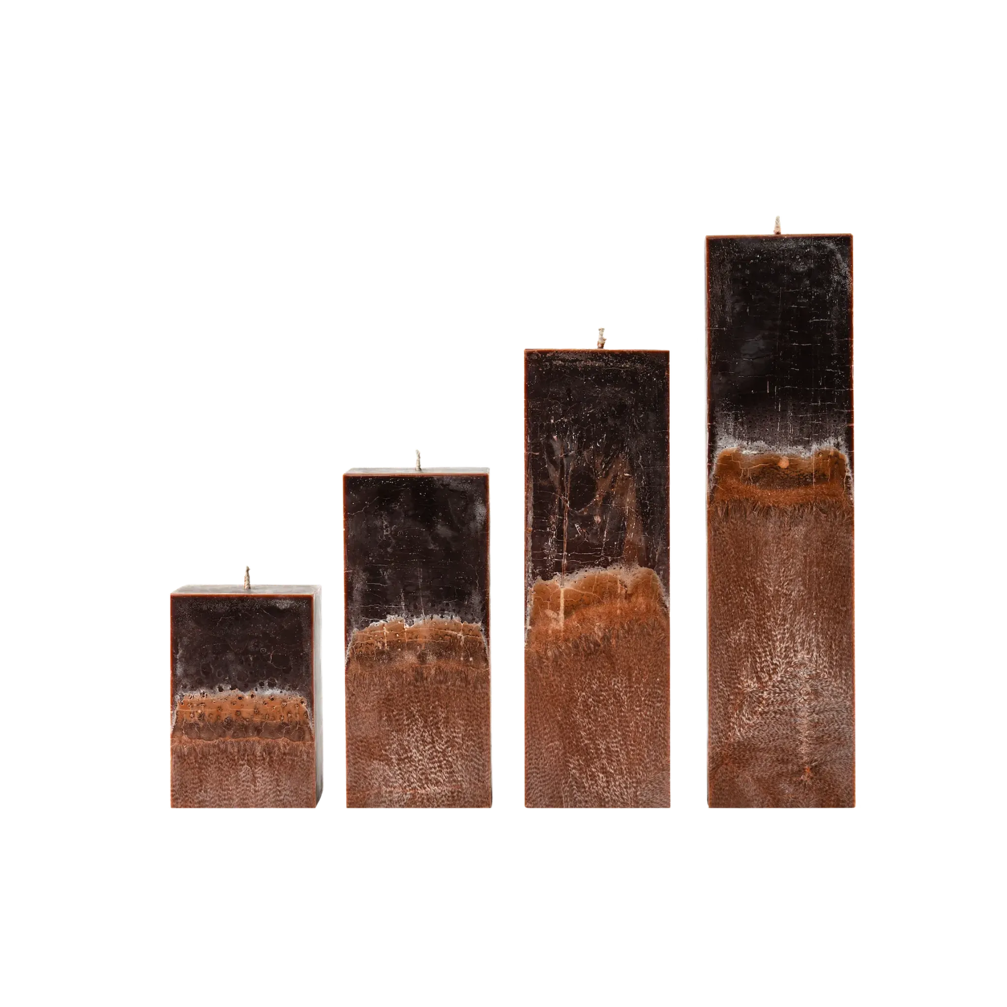 Set of four rectangular candles with a textured brown base on a white background