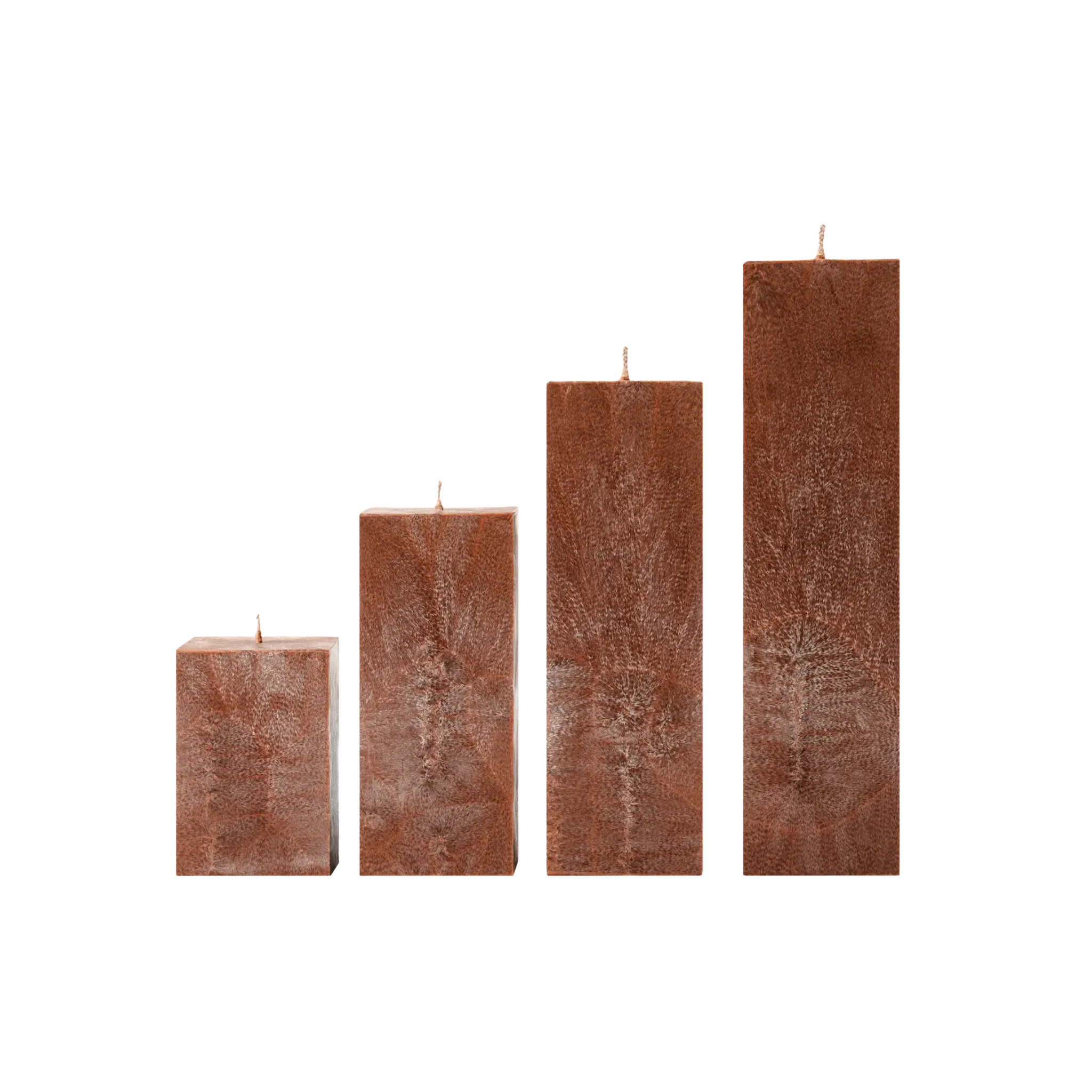 Set of four rectangular brown candles on a white background
