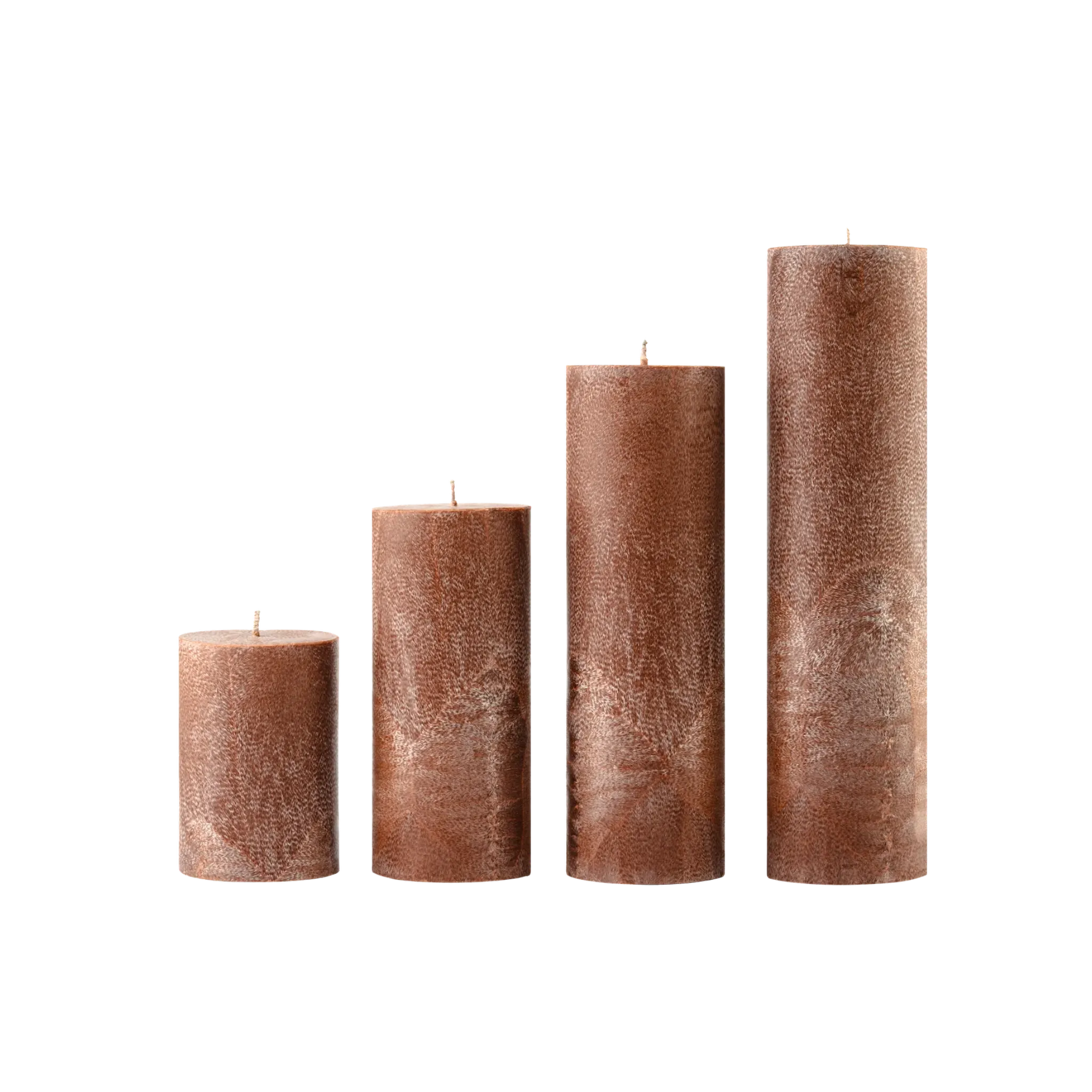 Set of four brown textured candles on a white background
