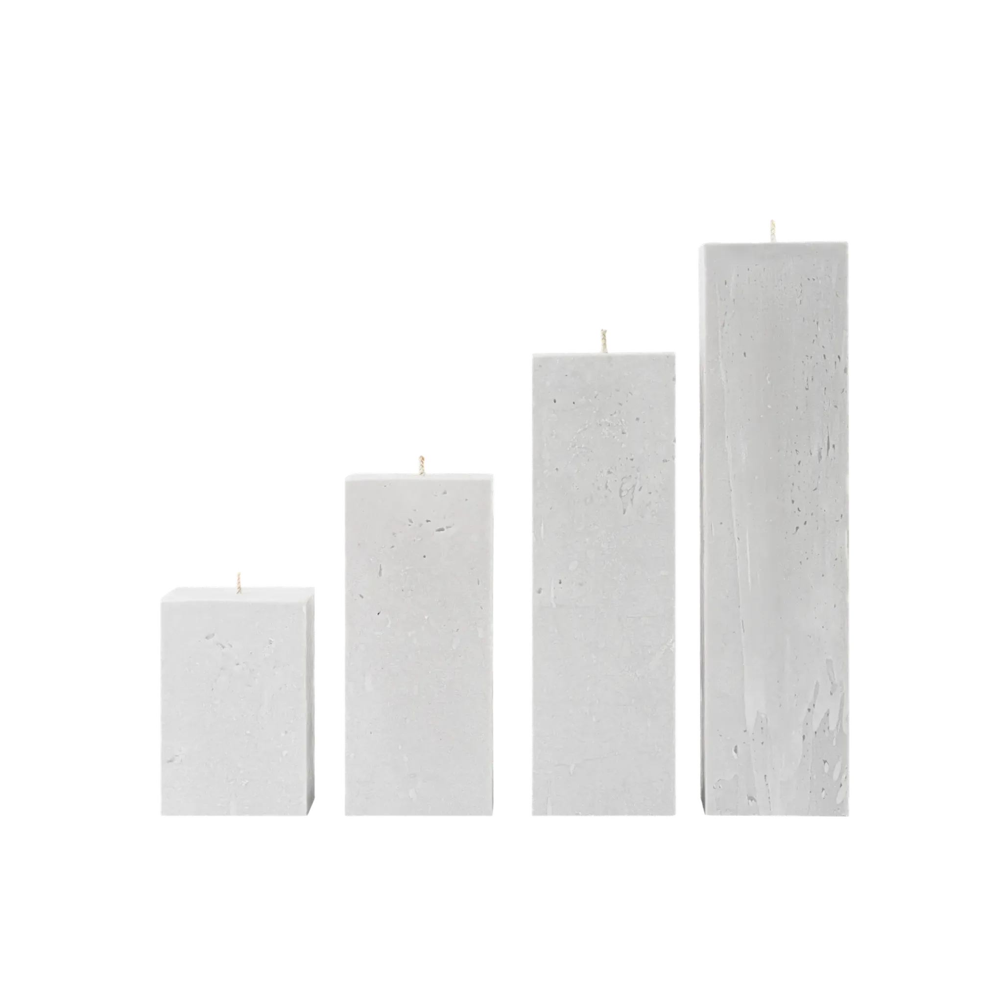 Set of four rectangular concrete candles on a white background