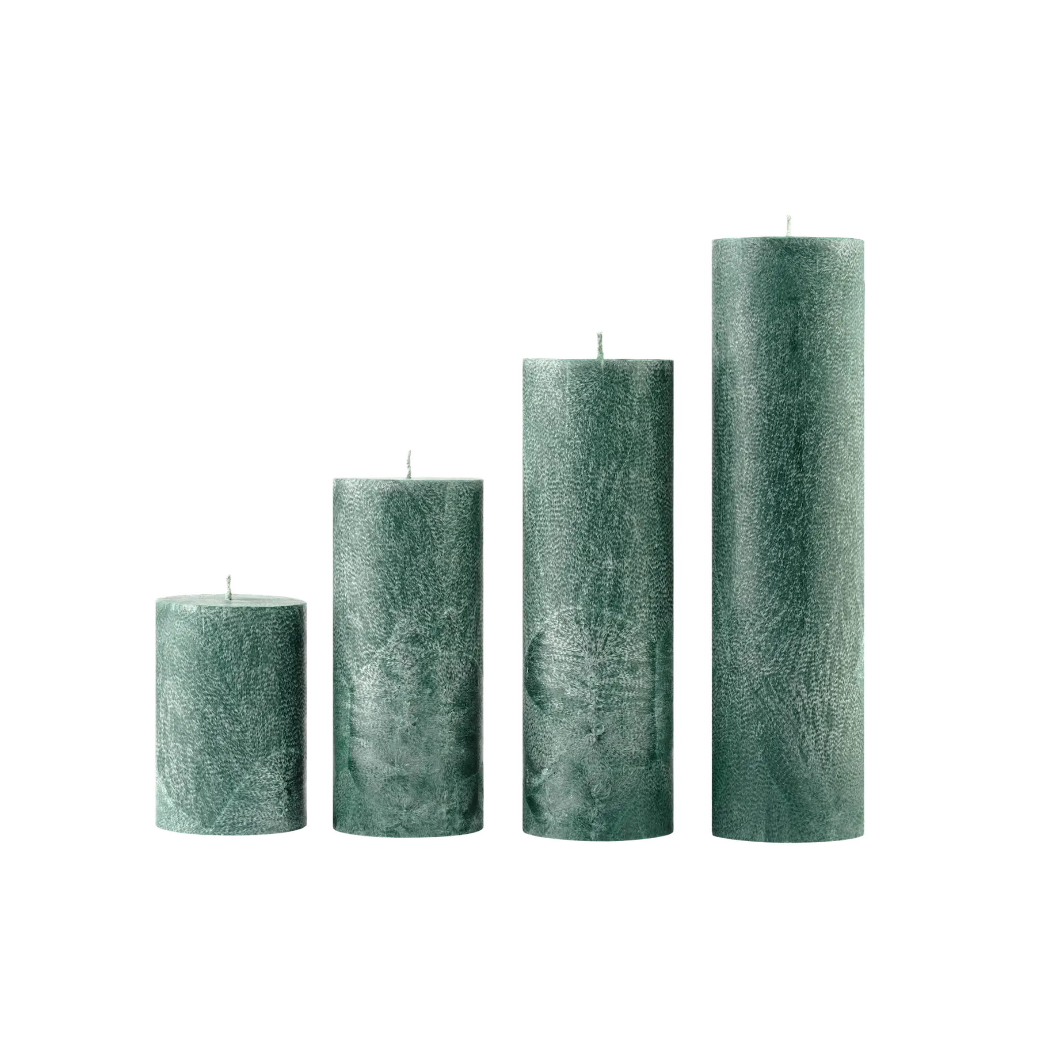 Set of four textured green candles on a white background