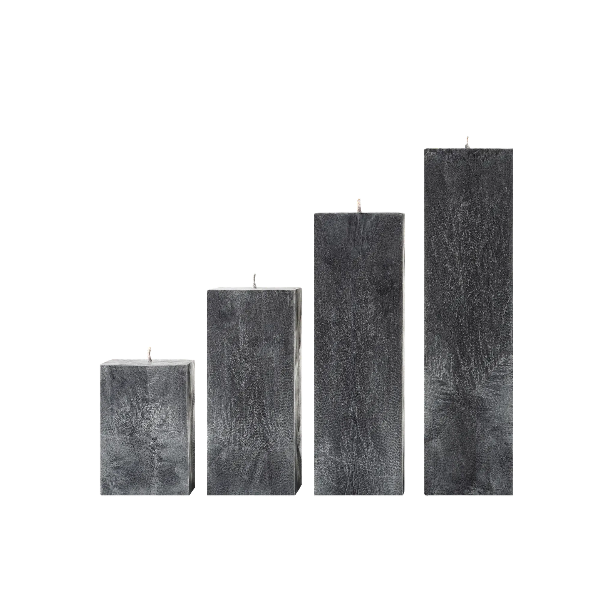 Set of four rectangular black candles on a white background