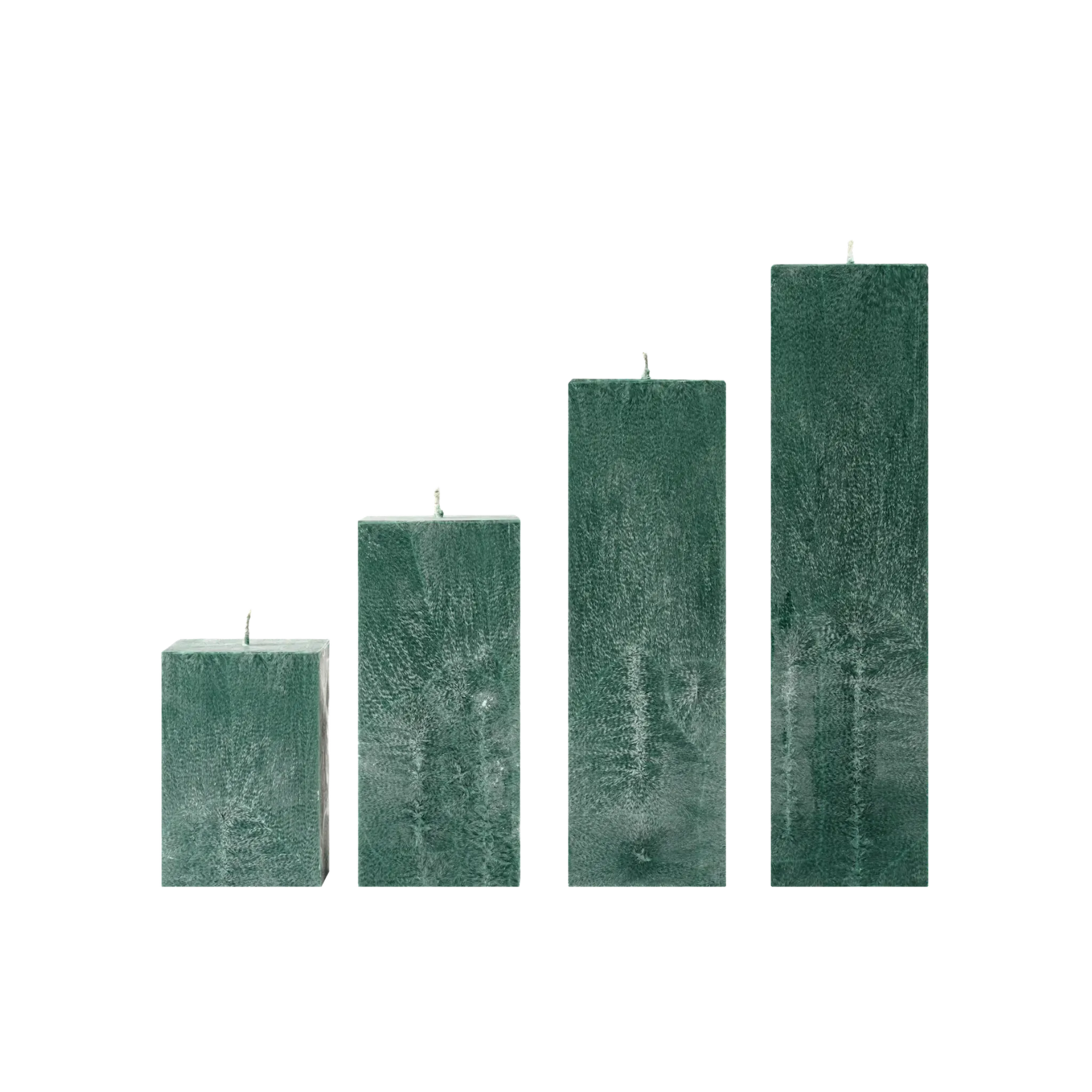 Set of four green textured candles on a white background