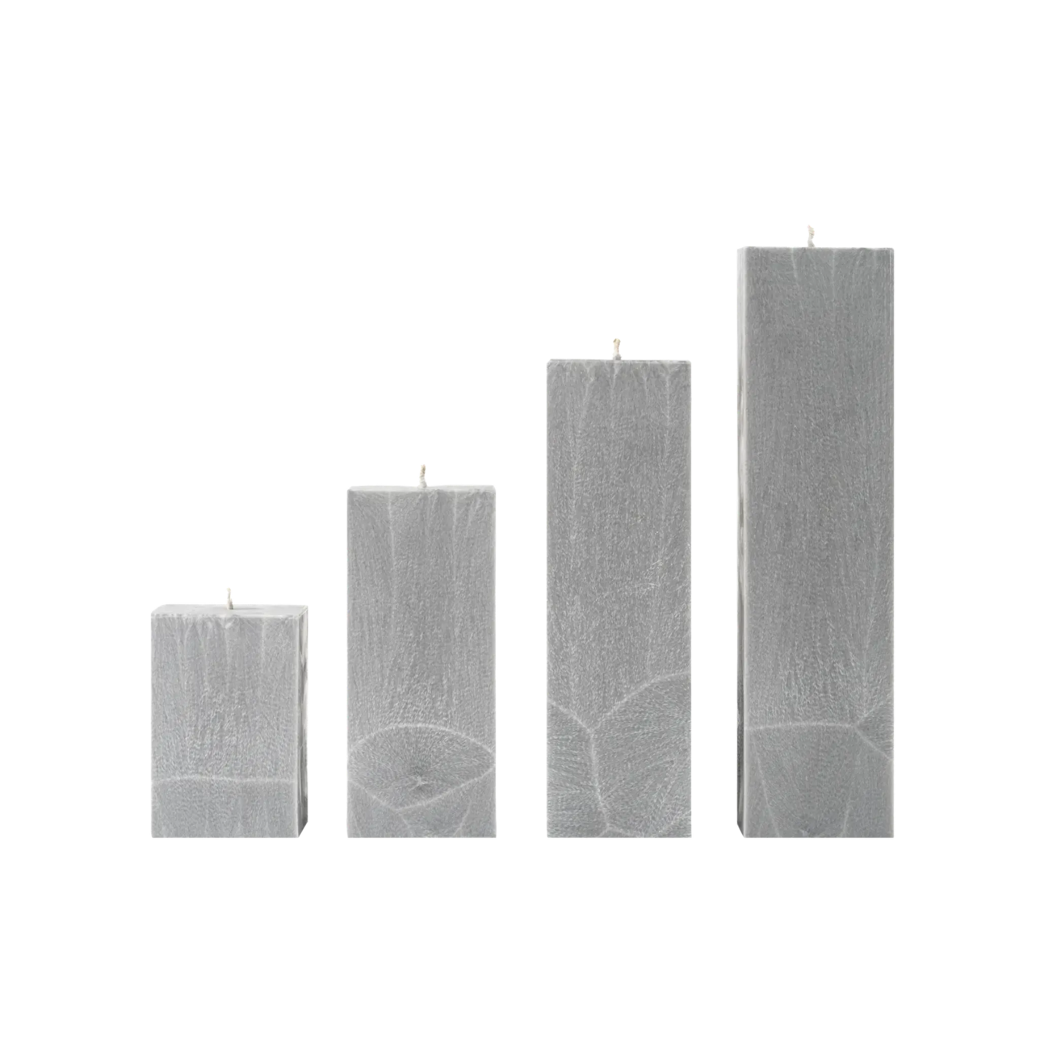 Set of four gray textured candles on a white background