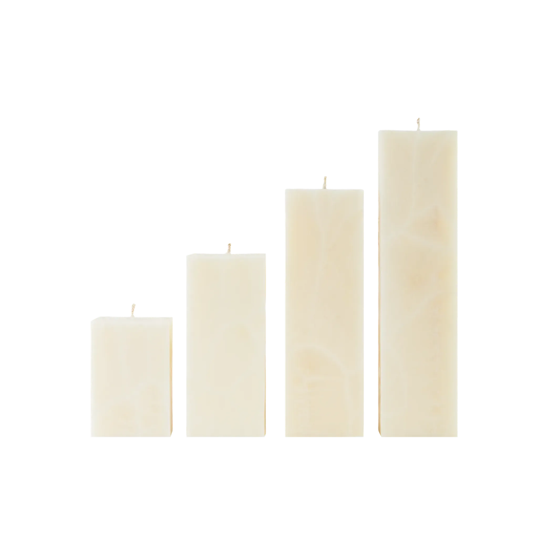 Set of four cream-colored rectangular candles on a white background
