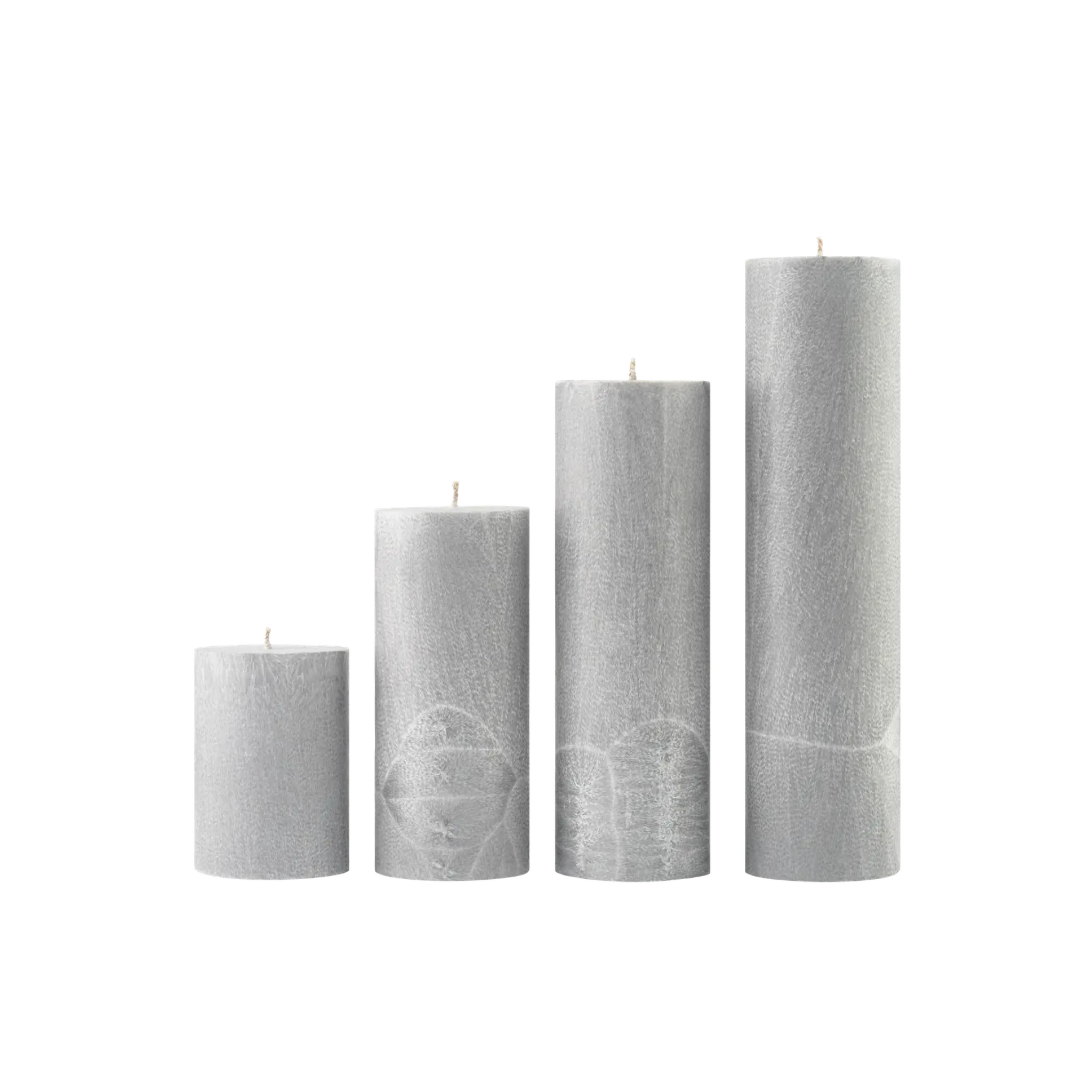 Set of five gray textured candles on a white background