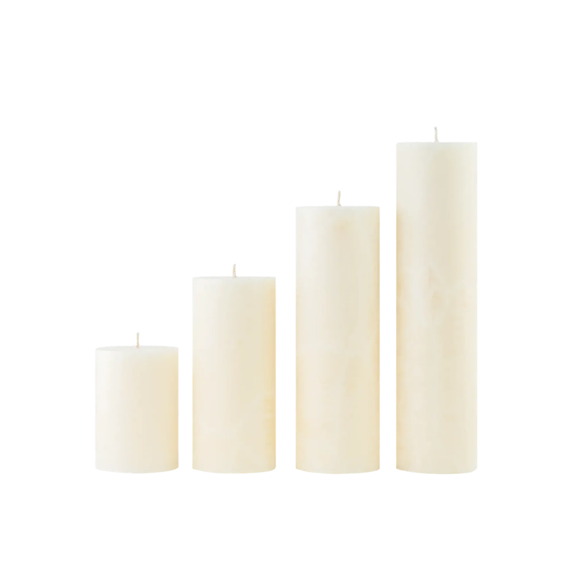 Set of four white candles of different sizes on a white background