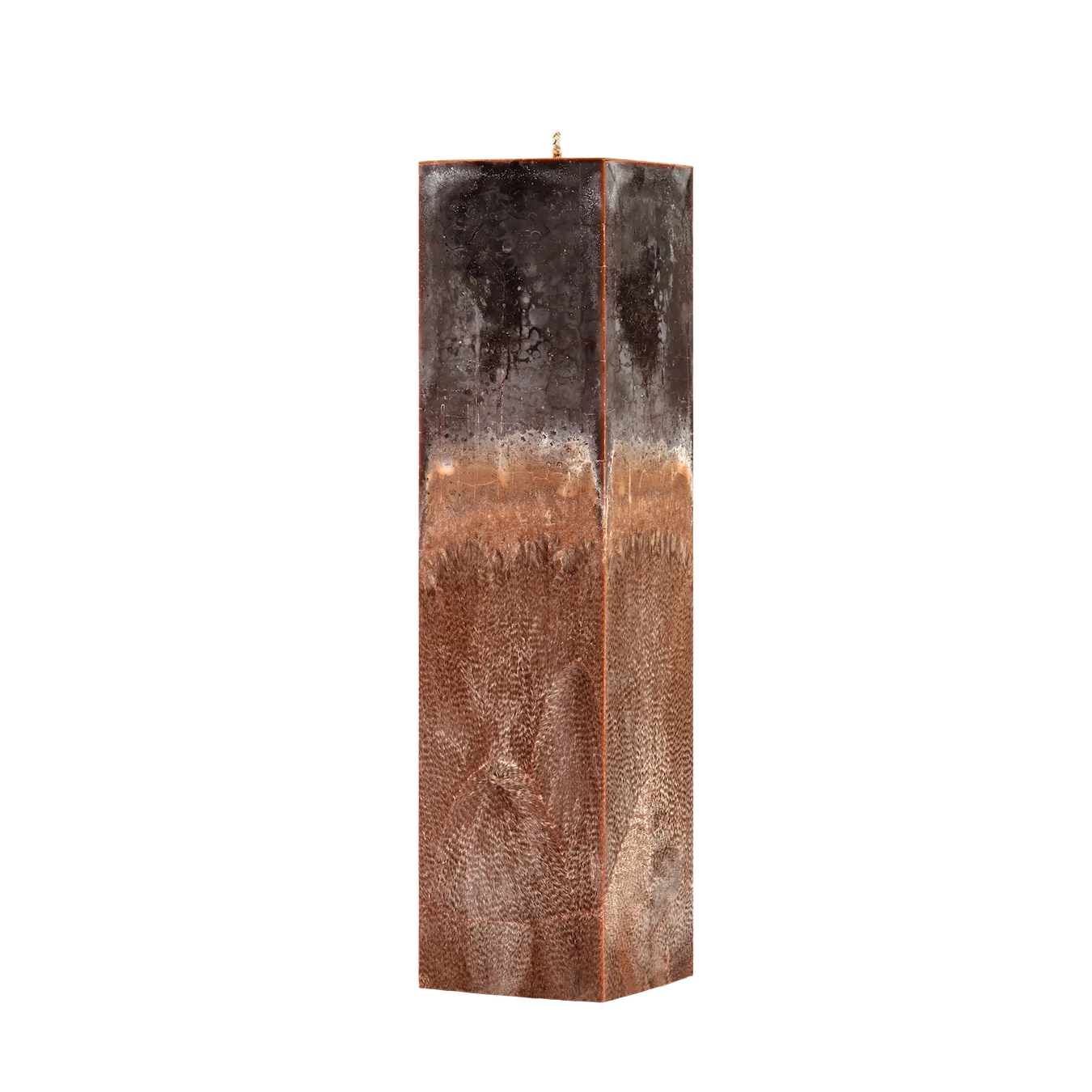 Rectangular wooden candle with a textured surface on a white background
