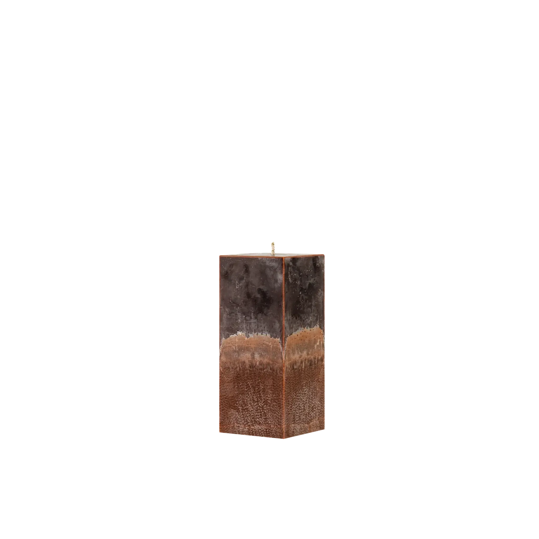 Square wooden candle with a textured surface on a white background