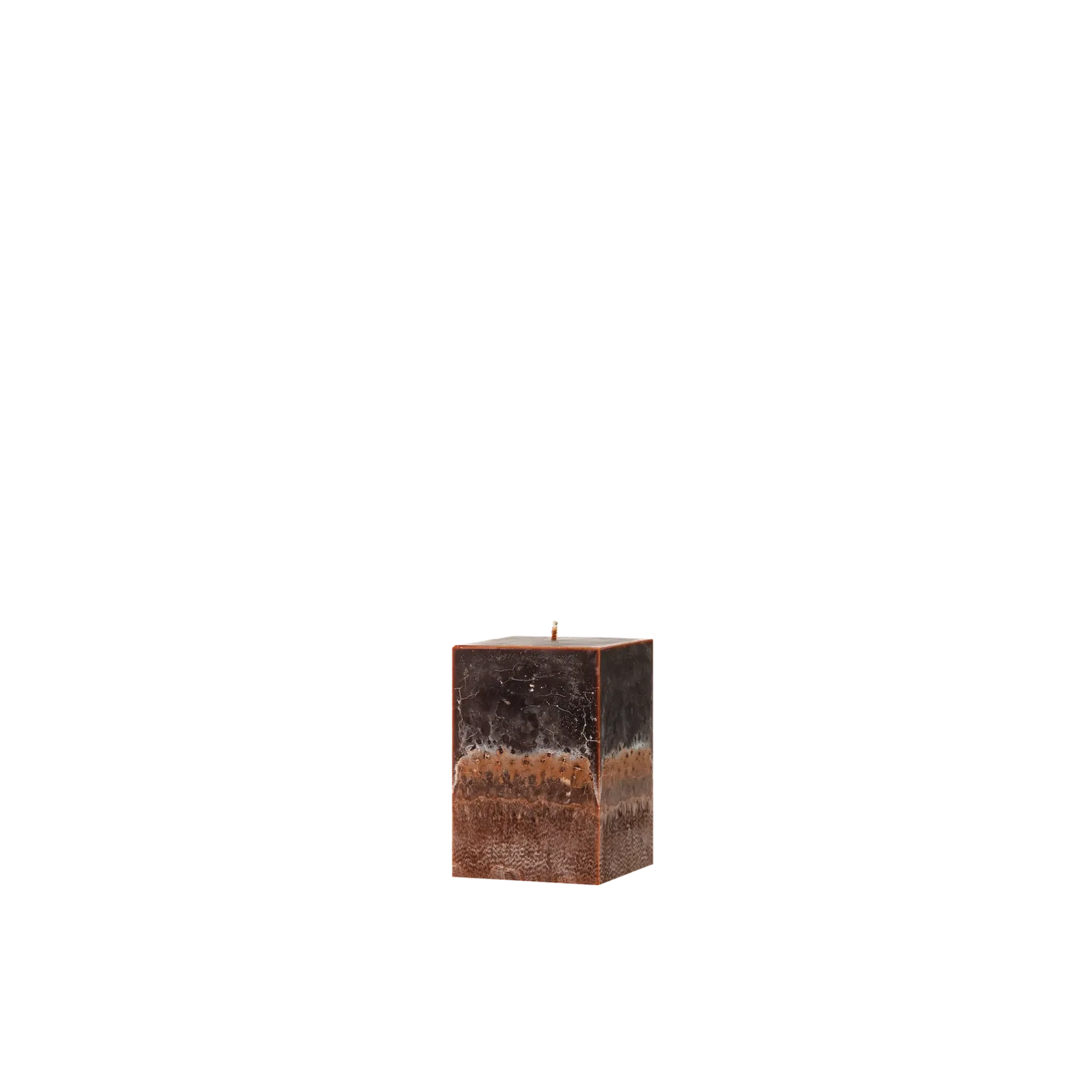 Square candle with a distressed brown finish on a white background