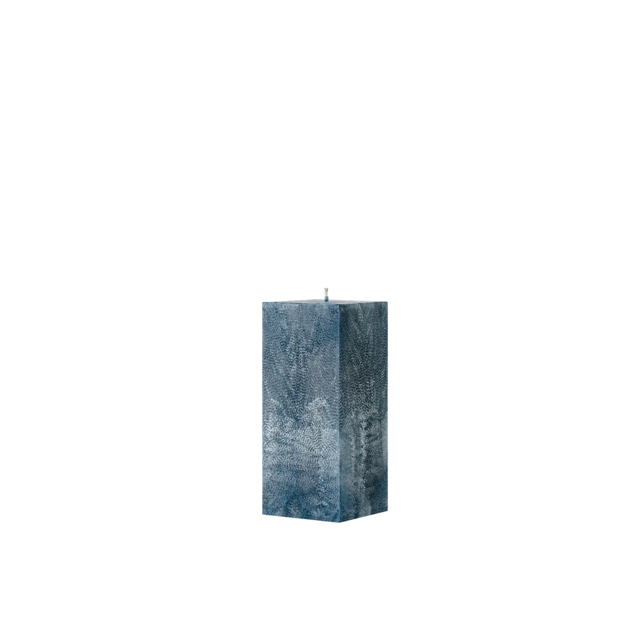 Blue textured square pillar candle on a white background