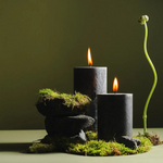 Two lit black pillar candles with small orange flames sit on stacked dark stones and bright green moss, next to a tall, curved plant shoot, set against a soft olive-green background.