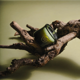Green candle in a glass holder on a textured branch against a green background